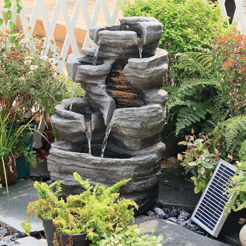 Solargetriebener 6-stufiger Kaskadenbrunnen mit LED-Beleuchtung, inkl. Pumpe & Solarpanel | 62 cm hoch, Steingrau für Terrasse, Balkon, Vorgarten | Natursteinoptik-Wasserfall, Außendeko​