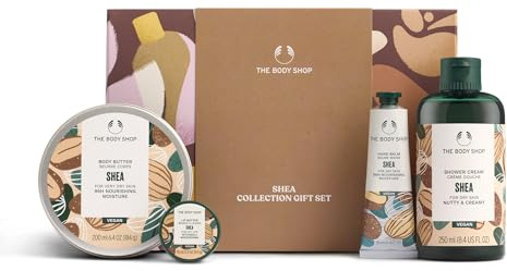 The Body Shop Shea Collection Gift Set (Shower Cream 250ml + Body Butter 200ml + Lip Butter 10ml + Hand Balm 30ml), Nourishing Shea Butter Collection for Soft, Smooth Skin, Vegan