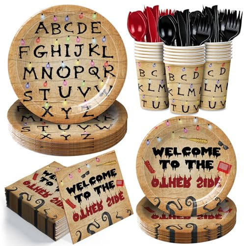Eywusco 168pcs Spooky Rustic Alphabet Birthday Party Supplies Paper Plates Napkins Cups Disposable Colorful Light Bulbs Tableware Set Party Decorations for Boys Girls Birthday Decor Serve 24