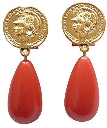 Leichte sehr große Ohr-Clips vergoldet Münze Anhänger korall-rot orange Tropfen Mode Hingucker auffällig elegant stilvoll Geschenk edel Designer JUSTWIN