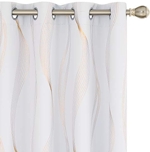 Deconovo Blackout Eyelet Curtains Thermal Insulated Gold Wave Line Foil Printed Curtains for Bedroom 46x54 Inch Silver Grey 2 Panels