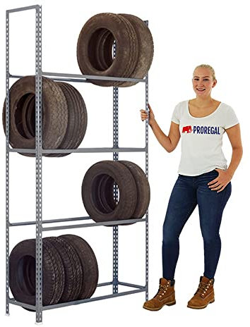 PROREGAL Reifenregal Metal Shark No.1 | HxBxT 200x120x30cm | 4 Ebenen | 16 Reifen | Grau Reifenständer Garagenregal