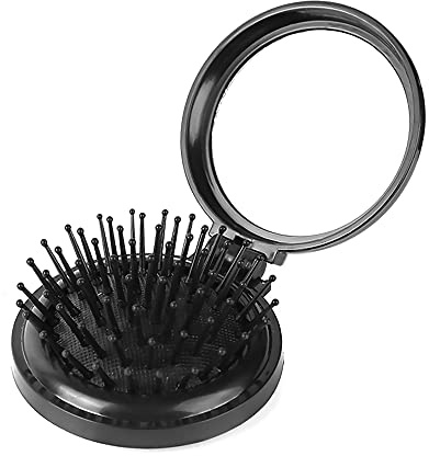 1st Choice Folding Hair Brush with Mirror,Round Mini Compact Massage Comb for Purse/Pocket,Travel Size for Girls and Women (Black)