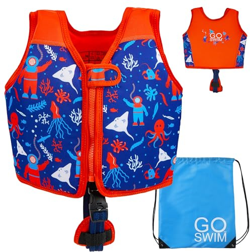 Go Swim Gilet de Flottaison - Inclut Un Sac de Bain Gratuit Gilet de Natation pour Enfants avec flottabilité Fixe et Sangle de sécurité (Deep Sea Divers, L (19-30kgs))