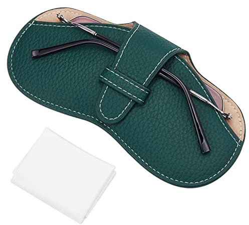 CREATCABIN Leather Glasses Case Portable Sunglasses Pouch Soft Slim Squeeze Eyeglasses Holder Cover Bag With Suede Fiber Cleaning Cloth for Women Men Dark Green