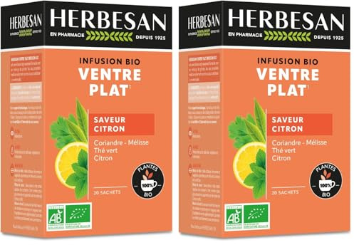 HERBESAN®- INFUSION CORIANDRE VENTRE PLAT BIO Coriandre, Thé vert, Mélisse, Ecorce de citron - 20 sachets (Lot de 2)