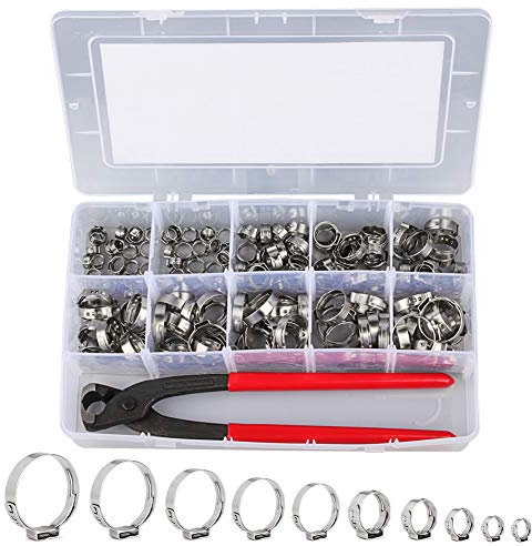 Outigu 150 abrazaderas de manguera de acero inoxidable 304 con pinza: kit surtido (7-21 mm) para tuberías de agua, fontanería y uso automotriz, incluyendo abrazaderas de pellizco Pex (150 piezas)