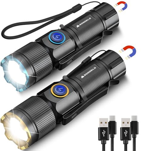 Sogdeco LED Torch Rechargeable, 2 Pack Super Bright Adjustable Focus Flashlight, 4 Lighting Modes, 26 Hours Long Runtime, Magnetic Waterproof Pocket Size Torch for Power Cuts,Emergency,Walking,Camping