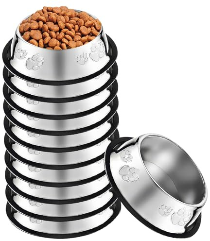 Olutacot 10 Pcs Stainless Steel Dog Bowl Pet Feeding Bowl with Rubber Base Non-Slip Pet Dishes Metal Dog Bowls Pet Food and Water Bowls for Small Medium Animals Kitten Rabbit (7 oz)