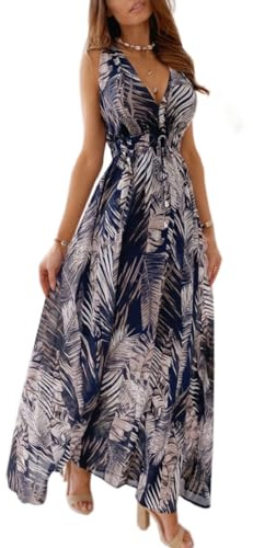 Yutdeng Robe de Plage Longue Femme Col en V sans Manches Robe avec Cordon de Serrage Été Boho Décontractée Imprimé Floral Vacances Maxi Robe Chic Casual Elégant Dress,Bleu,M