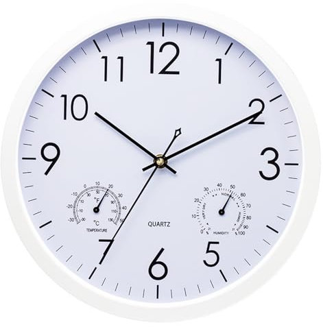 Chedin 30cm Rund Quarz wanduhr ohne Ticken, Wetterfest Mit Thermometer Und Hygrometer, Wanduhr Kinder, Schlafzimmer Lautlos Wanduhr, Wanduhr Groß (Weiß, 12inch)