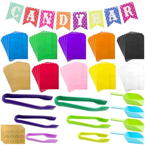 YeahBoom 71 Stück Candy Bar Zubehör Set,Enthält 50 Stück Candy Bar Tüten 10 Sticker 6 Zuckerzange 4 Schaufeln und 1 Candy Bar Deko Girlande,Candy Bar Deko Set für Candy Bar Hochzeit Geburtstage Party