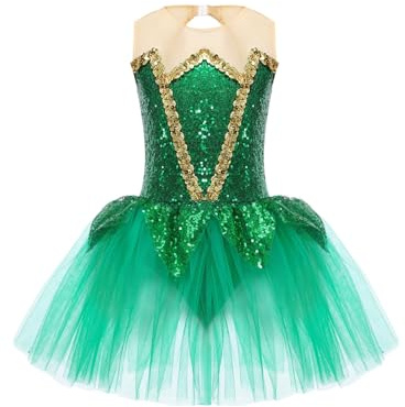 TiaoBug Mädchen Festliche Ballettkleidung Pailletten Ballettkleid Ballettanzug Ballett Trikot Elfen Tanz Kostüm Kinder Tüll Tütü Kleid gr. 110-170 Grün 146-152