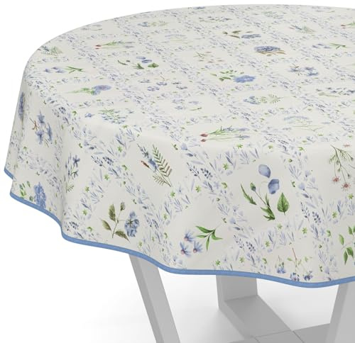 ANRO Nappe en toile cirée lavable - Ronde - 140 cm - Avec ourlet - Bordée - Motif carreaux et fleurs - Bleu
