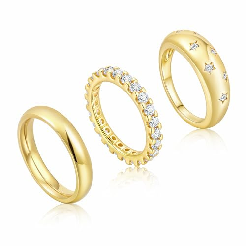 TempBeau 3 stycken ringar kvinnor med zirkon, 14K förgylld ring set av rostfritt stål koppar för kvinnor flickvän mamma, fingerring smycken stapelbara vattentäta ringar för födelsedag årsdag mors dag