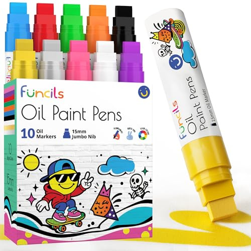Funcils 15mm Jumbo Oil Based Paint Markers (10 Pack) - Oil Paint Pens for Metal, Fabric, Glass, Rocks, Automotive Car Tire, Furniture Touch Up Wood & Plastic Surfaces - Waterproof & Permanent Markers