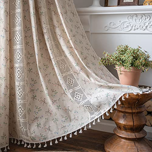 Plancholo Rideau floral bohème de 200,7 cm de long en dentelle au crochet et patchwork draperie semi-transparente à glands bohème avec passe-tringle panneau de rideau de fenêtre pour salon, chambre à