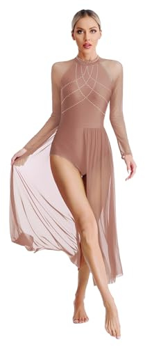 Loodgao Vestito da Balletto Danza Classica Moderna Body Pattinaggio Artistico Donna con Leotard Monospalla e Abito Lirico Contemporaneo da Competizione​ Rosa polveroso S