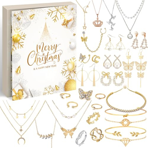Adventskalender Schmuck 2025 Weihnachtskalender Frauen Mädchen,24 Überraschungen Armband Halskette Ohrringe, Damen Schmuck Set, Weihnachtsgeschenke für Frauen Mädchen Teenager Kinder (Weißgold)