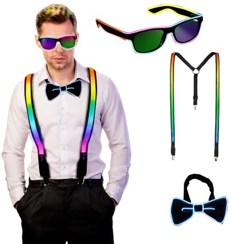 Dhqkqg 3pcs Bretelles Lumineuses à LED pour Homme,Noeud Papillon LED,Lunettes Lumineuses,Accessoires LED Deguisement, Couleur Accessoires LED Deguisement pour Festival Musique,Fête Costumée Carnaval