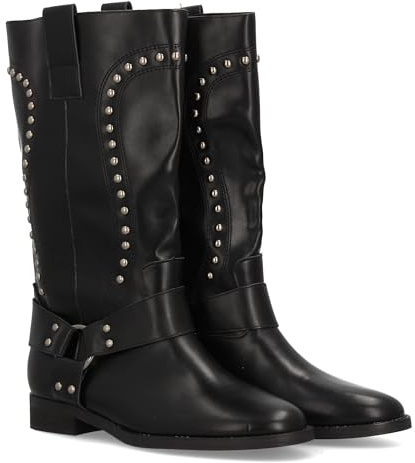 shoes&blues.es 97635 Bota Alta para Mujer con Diseno Elegante Estilo Cowboy. Cana con Tachuelas metalicas. Arnes Decorativo con Tiras y Hebillas. Ideal Otono Invierno. Negro Talla 39