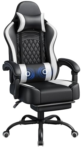 Yaheetech Gaming Chair, Ergonomic Racing Gaming Chair with Massage Lumbar Pillow, High-Back Office Chair with Slide-Out Footrest and Padded Linkage Armrests for Adults (Black/White)