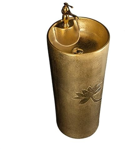 LQAIomn Pedestal Sink Golden Pedestal Sink with Lotus Relief, Floor Standing Bathroom Vanity Sink Electroplated Gold Washbasin, One Piece Ceramic Bathroom Sin(A)