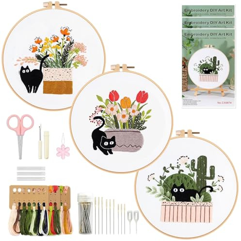 Qibivfo Stickset für Anfänger & Erwachsene, 3-teiliges Stickerei Set mit Blumen-Katzen-Motiven, DIY Handstickset mit Stickrahmen, Stickgarn, Nadeln & Anleitung, Bastelset Geschenk für Frauen