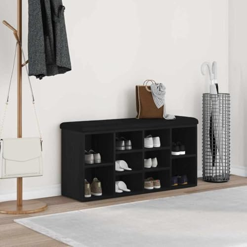 Plumbpyr Panca per scarpe nera effetto rovere, materiale in legno, 102 x 32 x 50 cm, con 10 ripiani, panca aperta e moderna panchina per ingresso e spogliatoio
