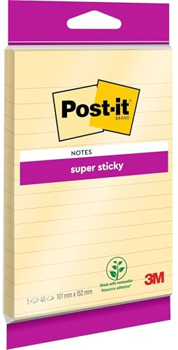 Post-it Super Sticky Large Notes, Lined, 45 Sheets, 1 Pad, 102 mm x 152 mm - Holds Strong to Many Surfaces - Canary Yellow - for Walls, Monitors and Fridge, Recycable