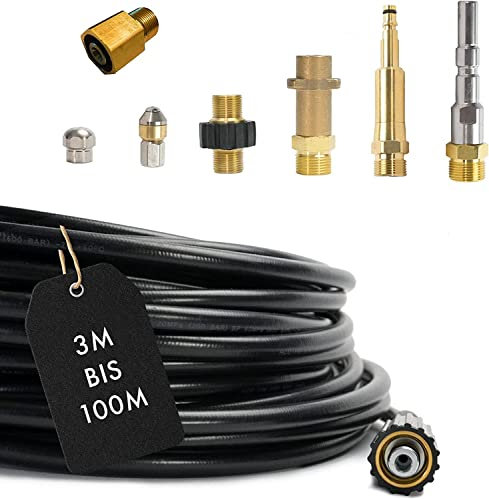 Rohrreinigungsschlauch (8-Teilig) für Kärcher Kränzle NILFISK ALTO WAP HD HDS Anschluss 1/8 AG : M22 x 1,5 IG & Bajonett-Adapter & Adapter KEW & 2x Düsen & Quick Connect & EASY!Lock (5 Meter)