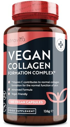 Veganes Kollagen Kapseln - 180 Collagen Kapseln Hochdosiert - Kollagen Vegane Alternative mit Aminosäuren L Lysin, Vitamin C, E, Zink & Kupfer - Für Haut, Haare, Nägel und Kollagenbildung - Nutravita