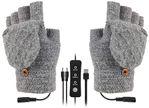 SoulQ USB-uppvärmda handskar justerbar temperatur, unisex, tvättbara stickade halvfingrar, vinter handvärmare med 3 temperaturnivåer (grå)