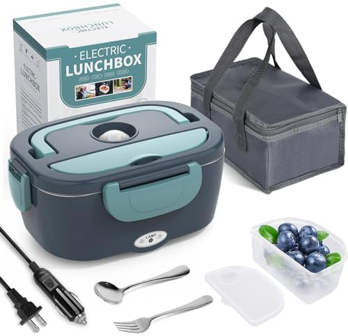 Herrfilk Electric Lunch Box Food Heater, 3 in 1 Ultra Quick Heated Lunch Boxes for Adults, 12V/24V/110V Portable Food Warmer for Car/Truck/Office With Fork Spoon and Insulated Carry Bag