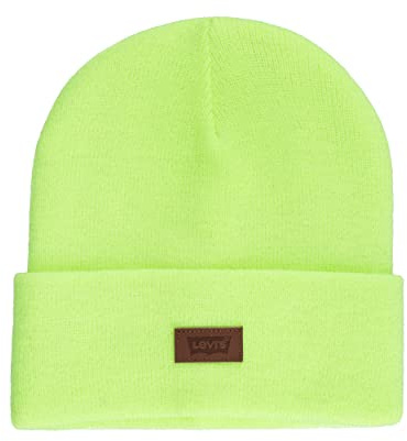 Levi's All Season Comfy Leather Logo Patch Cuffed Hero Beanie Hat Boina, Amarillo neón Liso, Talla única Unisex Adulto