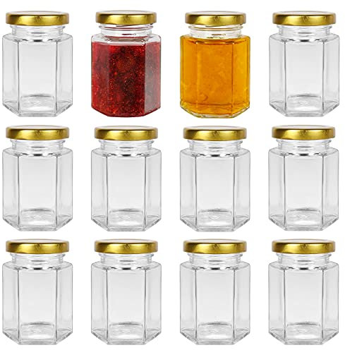 Yishik Confezione da 12 barattoli esagonali in vetro con coperchio dorato, per marmellate, spezie, caramelle, alimenti per bambini, bomboniere o barattoli artigianali