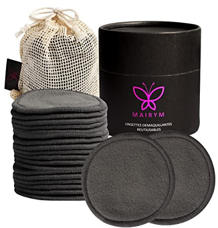 Coton Demaquillant Lavable réutilisables | Lingette Triple couche en Charbon de Bambou Végétal | Sac à linge Zéro Déchet | 18 Lingettes | Pads Démaquillants bio visage et yeux