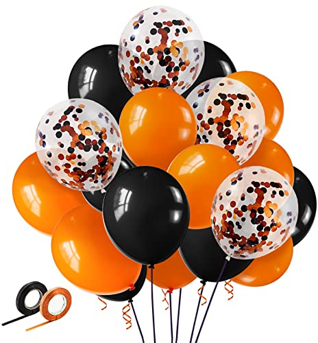 Black Orange Balloons 50 Pack 12 Inch Halloween Balloons Orange Black Confetti Latex Balloons with 2 rolls of ribbon for Halloween Birthday Party Decorations (Black Orange Balloons, 50 PCS 12 inch)