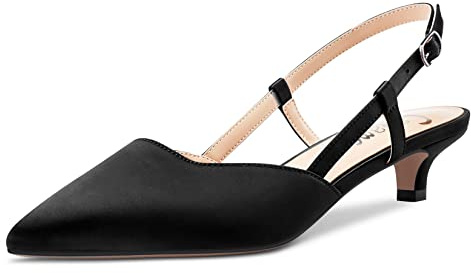 Castamere Bas Kitten Talon Heel Pointu Bout Escarpins Femmes Slingback Slip-on Sandales Mariage Bureau Party Dress 3.5 CM Heels Noir Satin 43 EU