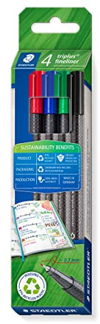 Staedtler dreikantiger Fineliner triplus, aus recyceltem Kunststoff, superfeine, metallgefasste 0,3 mm Spitze, lange Lebensdauer, 4 Fineliner in sortierten Farben im Kartonetui, 334 RC4