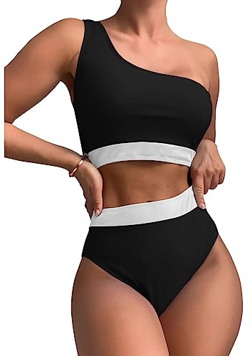 FDEETY Costume Donna Due Pezzi Monospalla Bikini Set Mare Costumi Vita Alta Tankini Body Modellante Contenitivo Elegante No Segno Abbronzatura Bikiniset Nuoto Spiaggia