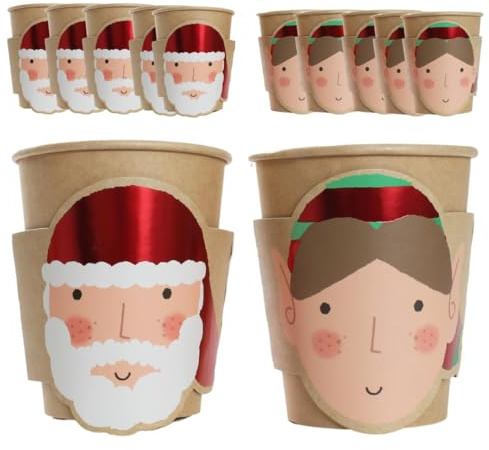Sparkles Partyware Christmas Cups - Pack of 20 with Santa Claus and Elf Paper Kraft Eco Cup Xmas Set with Attachable Details - Do It Yourself Christmas Party Tableware Decoration