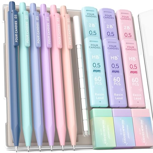 Four Candies Matite meccaniche 0,5, con mine HB e 2B da 0,5 mm, set di gomme pastello e ricariche per gomma, confezione da 16 pezzi con custodia, grazioso materiale scolastico estetico per scrivere,