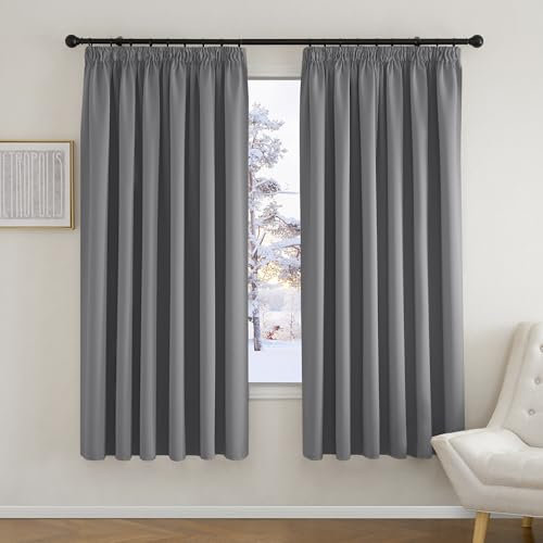 PONY DANCE Grey Blackout Curtains for Living Room Pencil Pleat Thermal Insulated Curtains 90x72 Inch for Window Treatment Extra Wide Curtains with Hooks for Track, W90 X L72, Gray