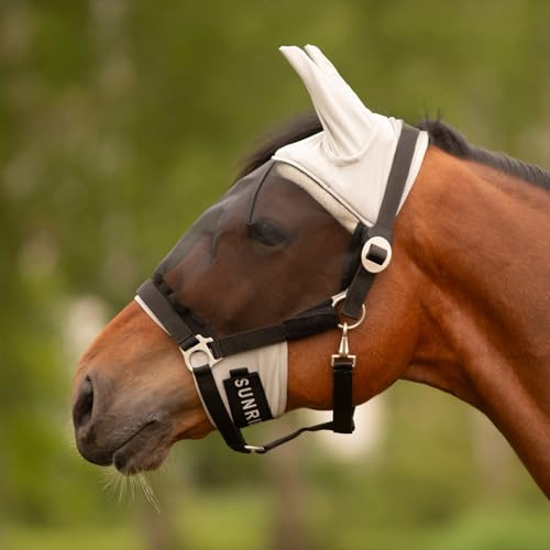 SUNRIDE Maschera mosche con cavezza (Dubai) per cavalli – adatta per trensen – con protezione UV – bordo in pelliccia sopra gli occhi – traspirante, morbida, elastica, lavabile – grigio (Cob)