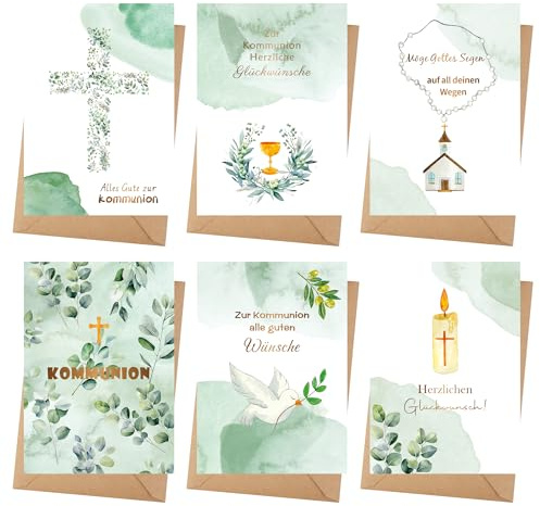 Goldziples 12 Kommunionskarten mit Umschlag Set - Hochwertiges Klappkarten mit Motiv Eukalyptus - A6 Glückwunschkarte zur Kommunion mit Sprüche - Erstkommunion Karte für Mädchen & Jungen