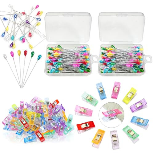 200 Stecknadeln mit Kopf + 60 NäHklammern Edelstahlnadeln 55 mm Buntes NäHzubehöR,Stoffklammern zum NäHen,NäHzubehöR zum Basteln, Quilten, Falten, Schmuckherstellung mit Aufbewahrungsbox