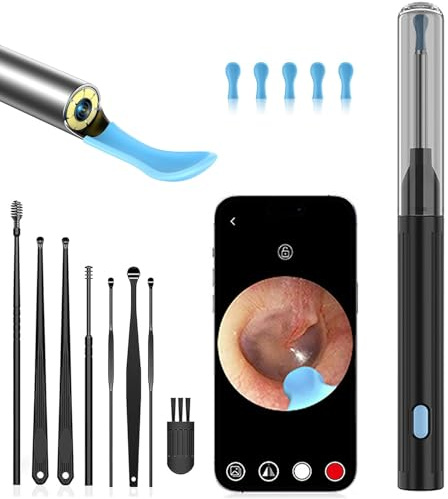 Otoscopio Limpiador de Oídos 1080P HD 3,5mm WiFi Endoscopio con 6 LED Camara Endoscopica Inalámbrico, Kit de Limpiador de Oídos para Eliminación de Cerumen para iPhone Tabletas Android