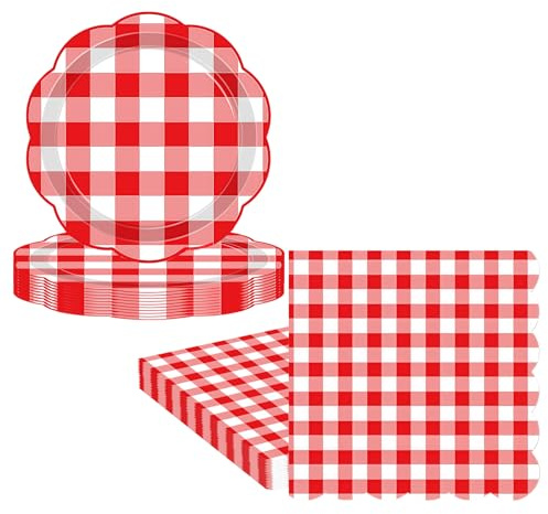 Lot de 48 assiettes et serviettes en papier à carreaux rouges - Vaisselle de fête festonnée vichy - Assiettes à dessert en papier jetables pour elle, lui, fille, femme, fête prénatale