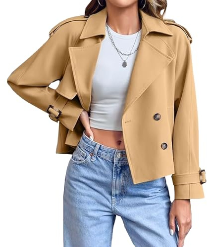 Trench-coat court croisé pour femme, revers crantés, manches raglan, vestes de travail courtes, vêtements d'extérieur avec poches, automne